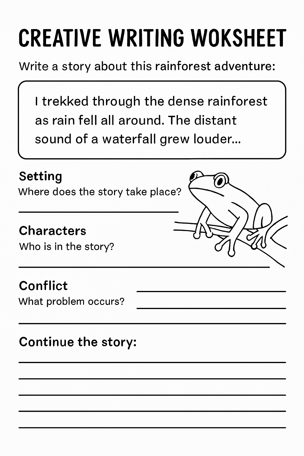 Generated worksheet preview featuring a rainforest story starter activity