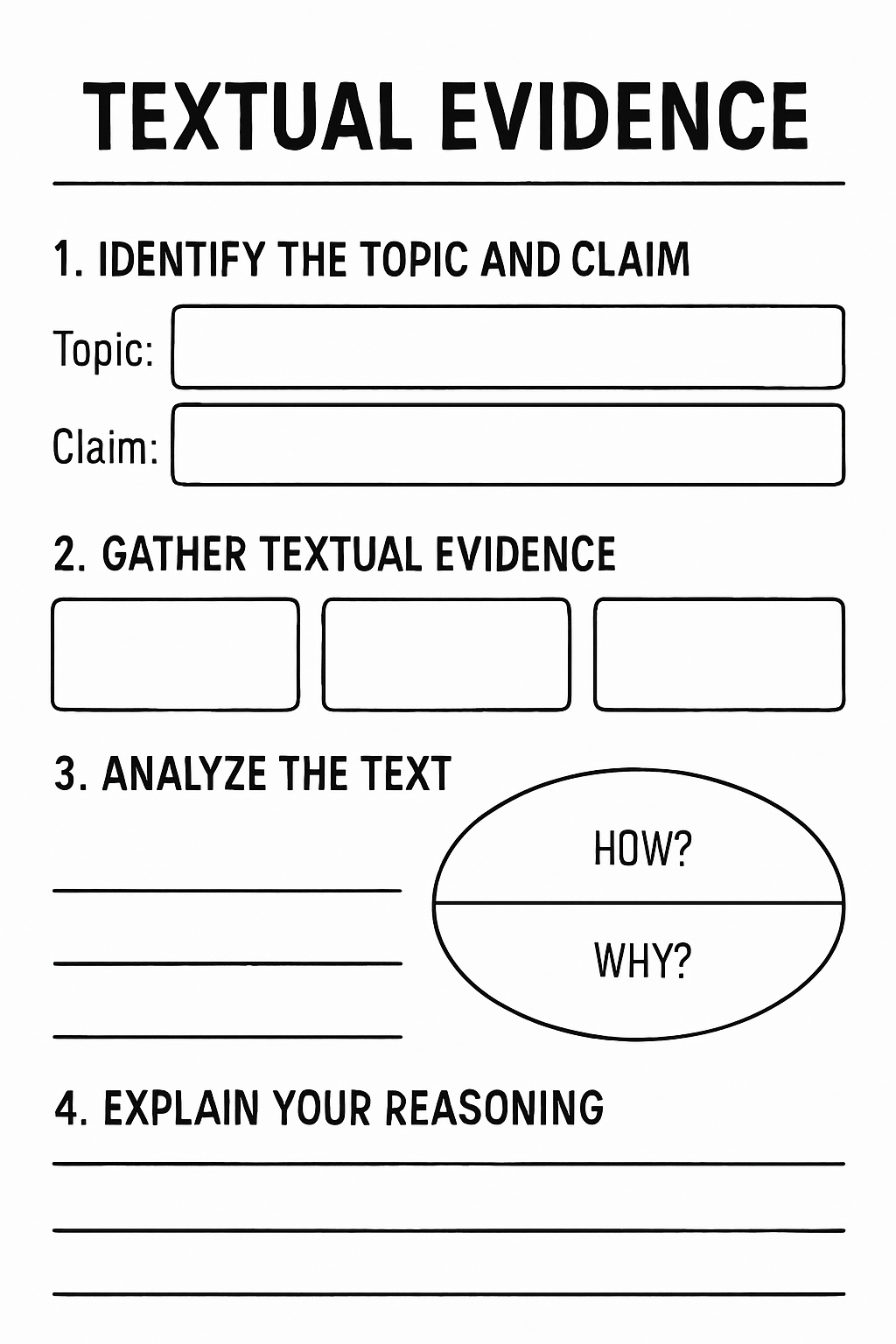 Generated worksheet preview with graphic organizer boxes for evidence tracking